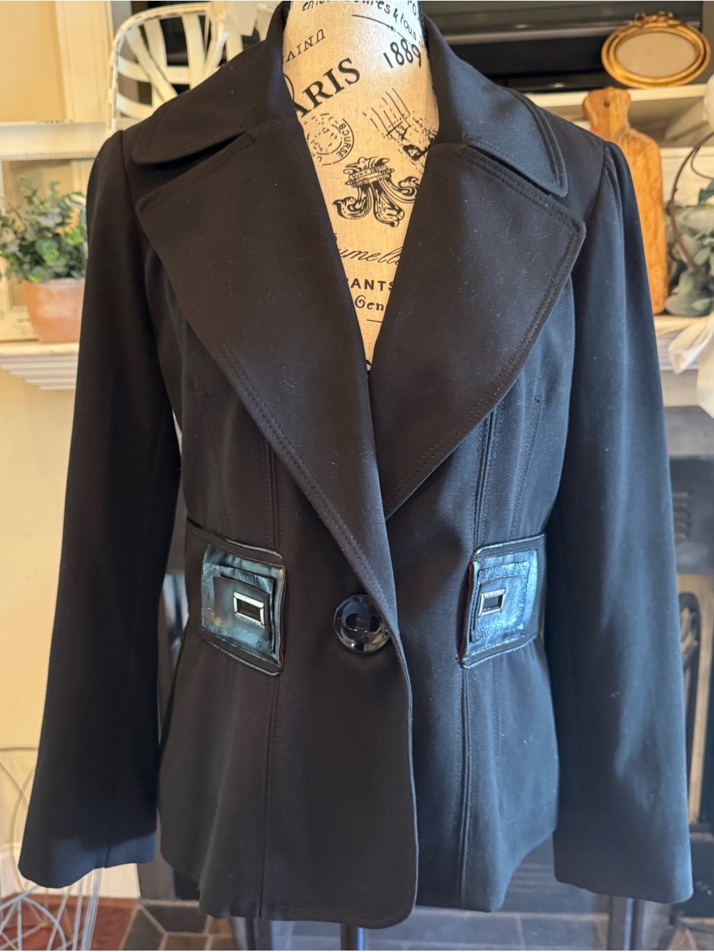 Vex Vintage 90s Black Tailored Blazer Faux Leather Accent Goth Vamp Steampunk M